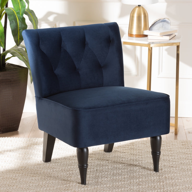 Mid-Century Modern Accent Chair Navy Velvet Wood Legs