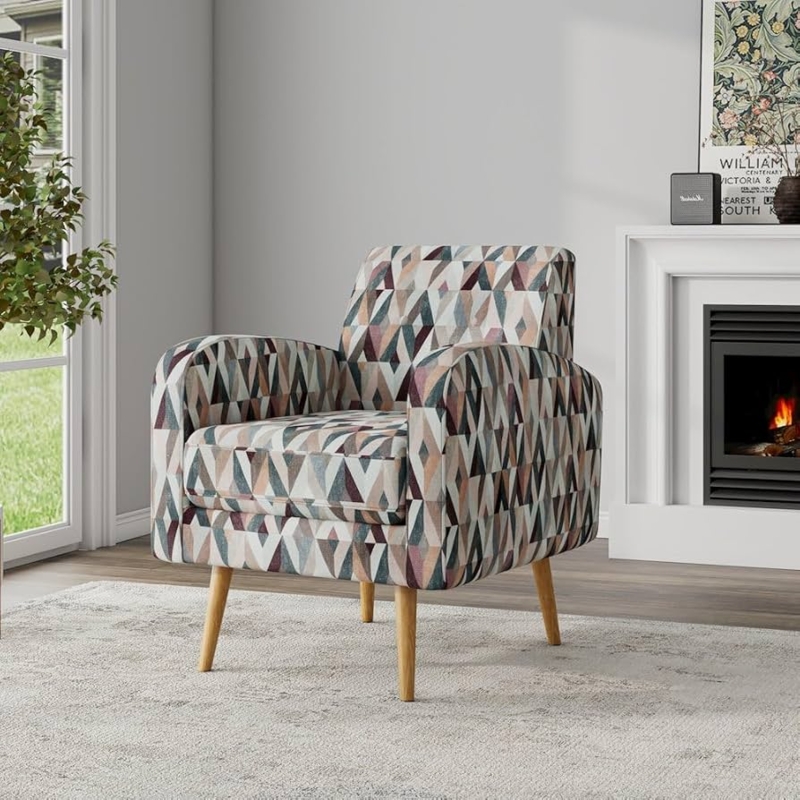 Mid-Century Modern Accent Chair Red Prism Pattern Wraparound Silhouette