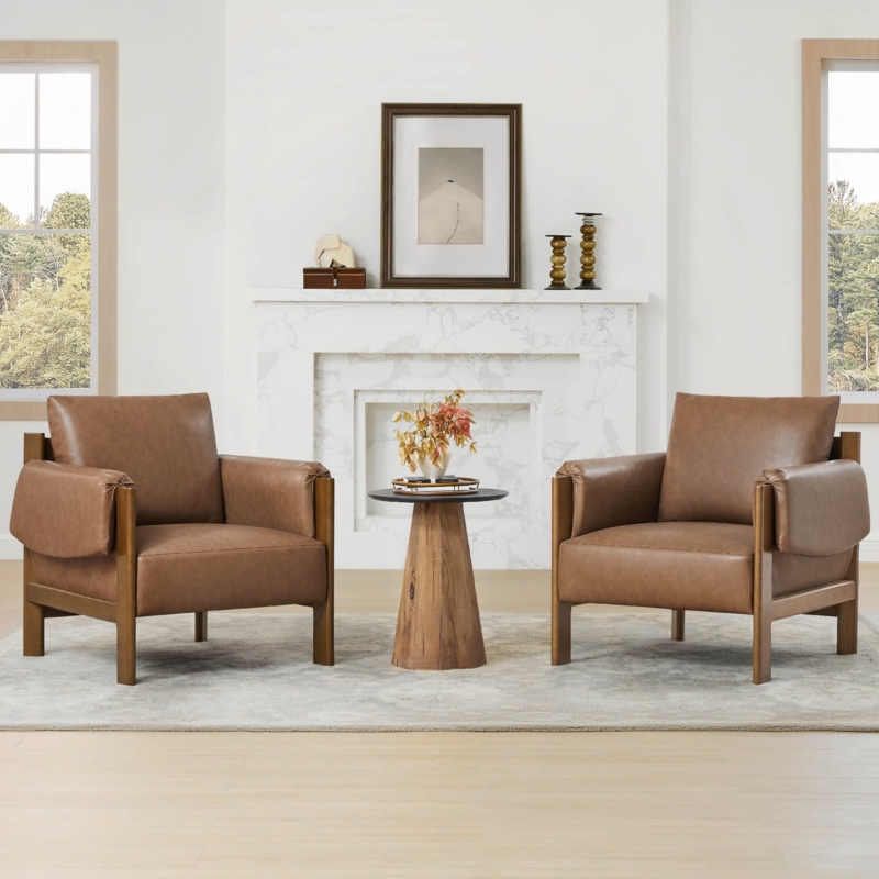 Mid-Century Modern Accent Chair Saddle Brown Leather-Like Curved Frame