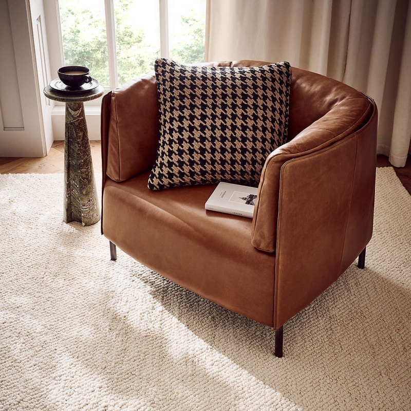 Mid-Century Modern Accent Chair Tan Leather Curved Back Wood Frame