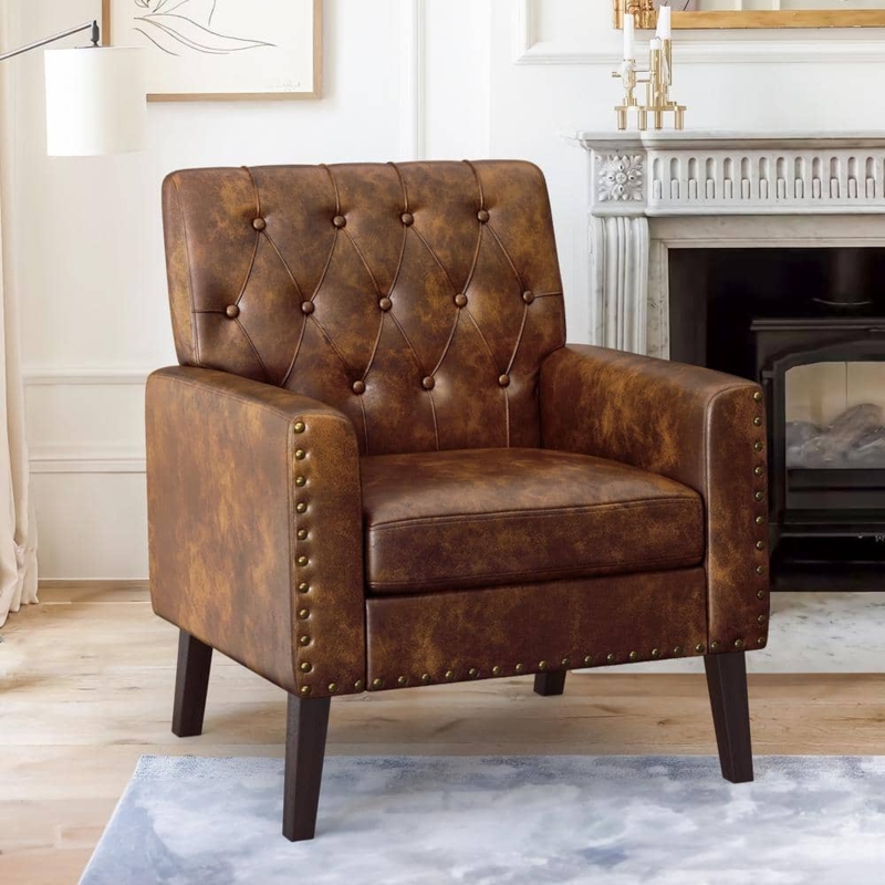 Mid-Century Modern Accent Chair Whiskey Brown Button Tufted Back