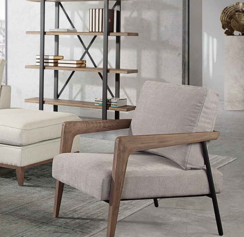 Mid-Century Modern Accent Chair with Curved Wood Frame and Grey Fabric
