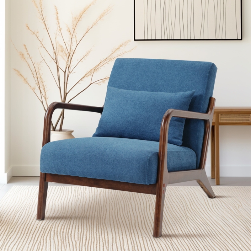 Mid-Century Modern Accent Chair with Exposed Wood Frame and Lumbar Pillow