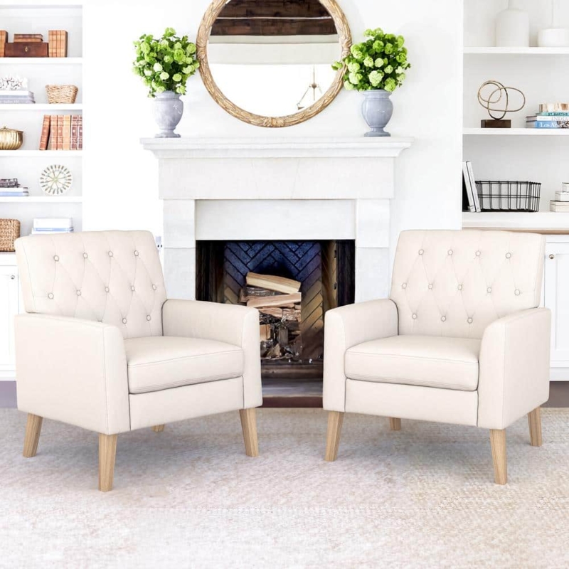 Mid-Century Modern Accent Chairs with Piping Detail and Curved Back.