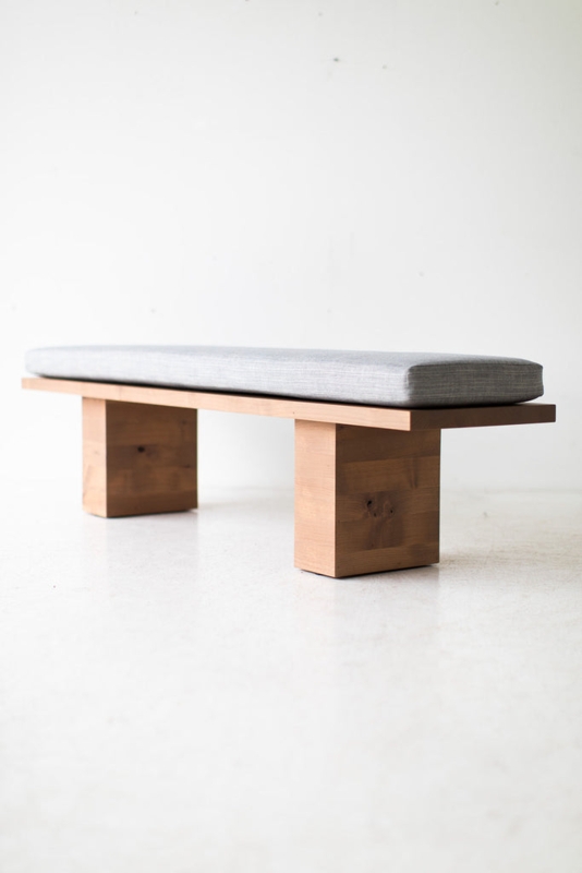 Mid-Century Modern Bench Black Channeled Seat Tapered Wood Legs