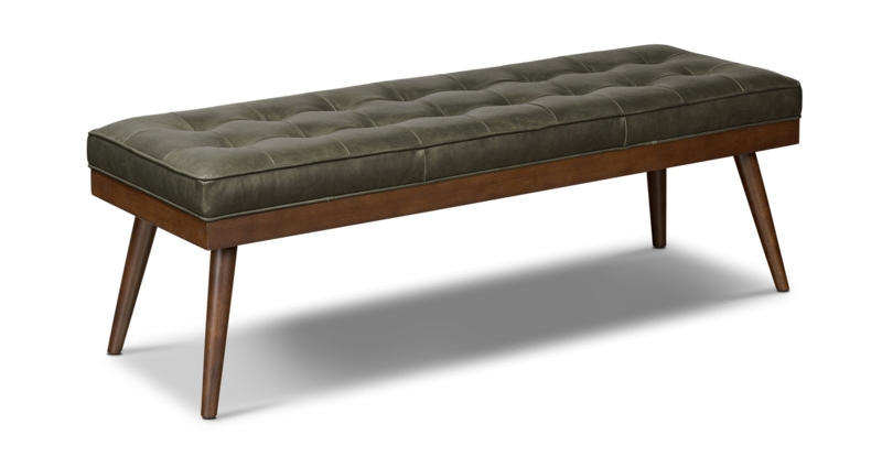 Mid-Century Modern Bench, Olive Green Tufted Upholstery, Tapered Legs
