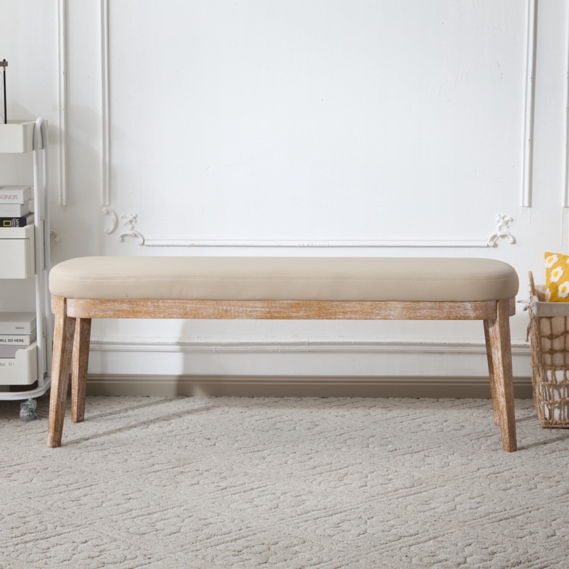 Mid-Century Modern Bench with Whitewashed Frame and Faux Leather Seat