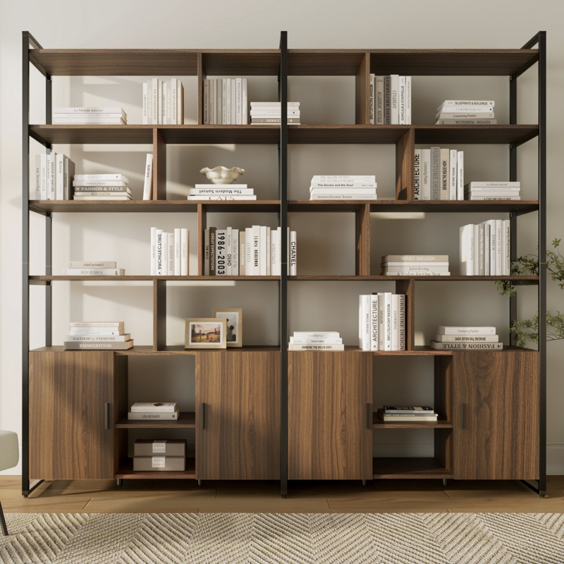 Mid-Century Modern Bookcase Cabinet with Woven Rattan Door Panels