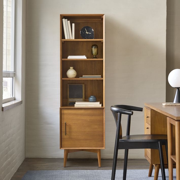Mid-Century Modern Bookcase: Narrow Wood Cabinet with Tapered Legs