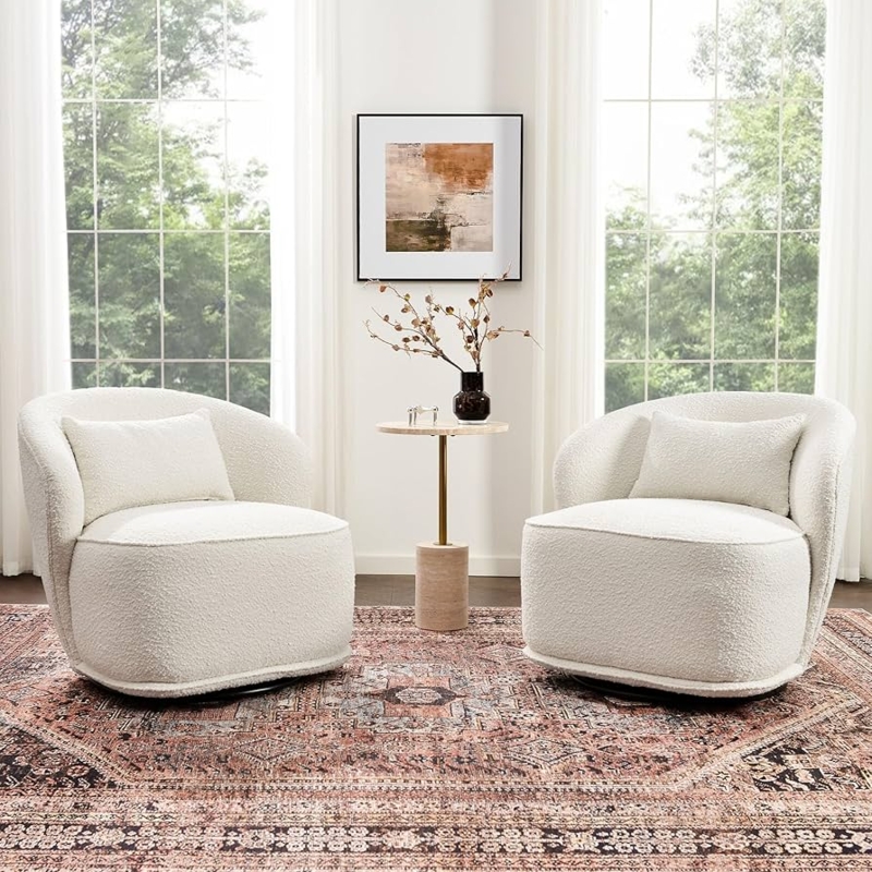 Mid-Century Modern Cream Boucle Swivel Barrel Accent Chair