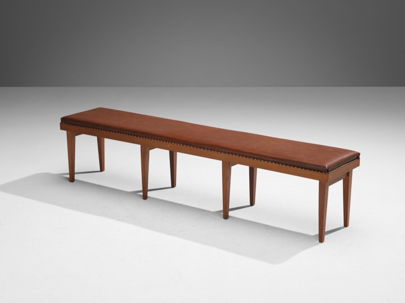 Mid-Century Modern Entryway Bench Chestnut Upholstery