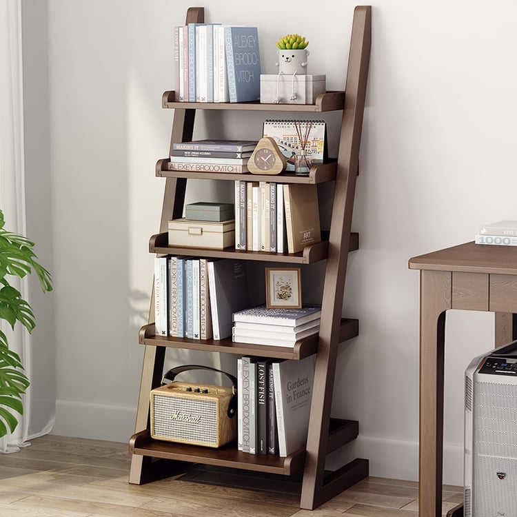 Mid-Century Modern Ladder Bookcase Walnut Finish Graduated Depth