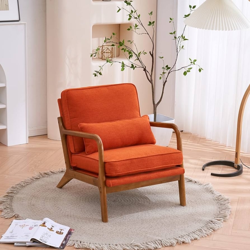 Mid-Century Modern Lounge Chair, Burnt Orange Linen, Wood Frame Reading Nook