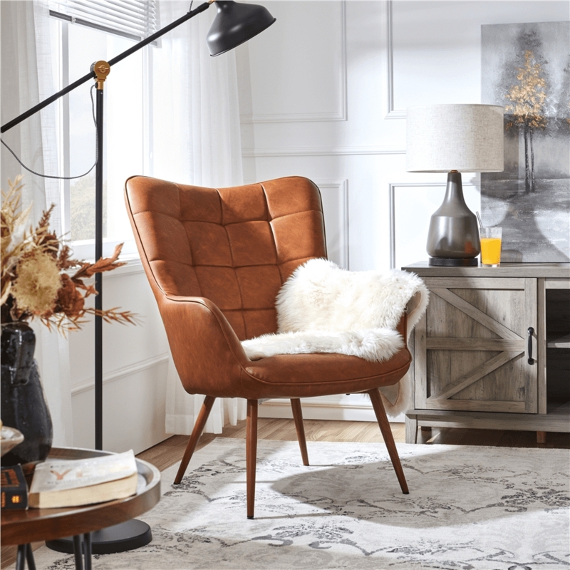 Mid-Century Modern Wingback Chair Cognac Brown Biscuit Tufted