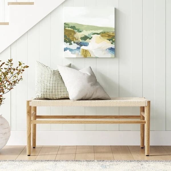 Mid Century Modern Wood Bench with Woven Seat and Double Stretcher Base