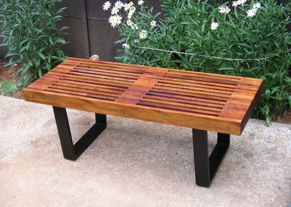Mid-Century Outdoor Slatted Bench, Block Legs