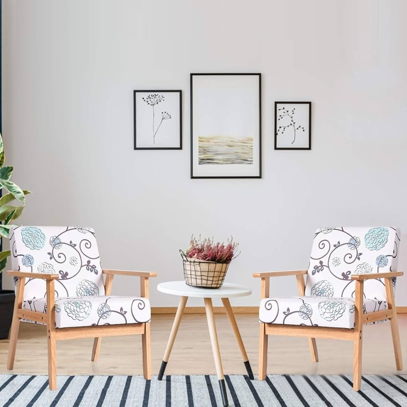 Mid-Century Patterned Accent Chairs Navy and White Botanical Leaf Print