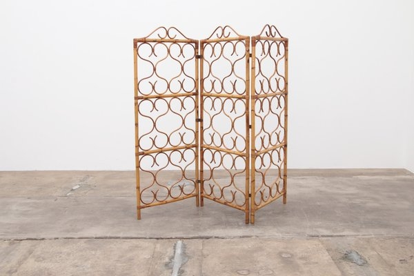 Mid-Century Rattan Folding Screen with Scrolled Openwork Design
