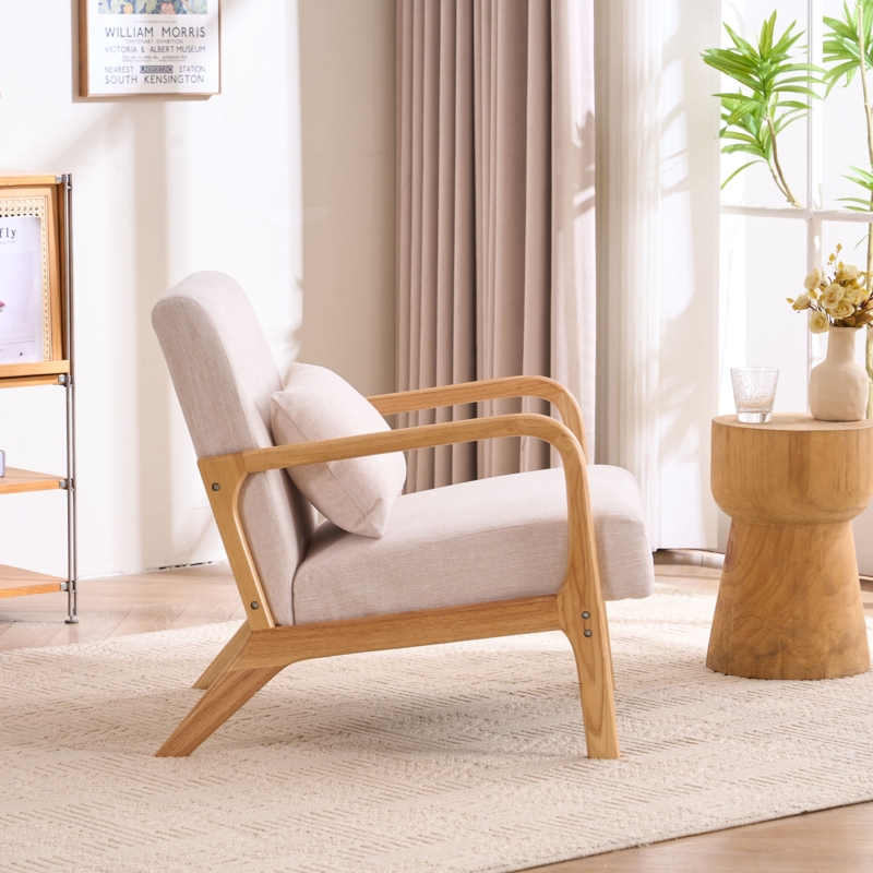 Mid Century Reading Chair, Curved Wood Frame, Lumbar Pillow, Beige