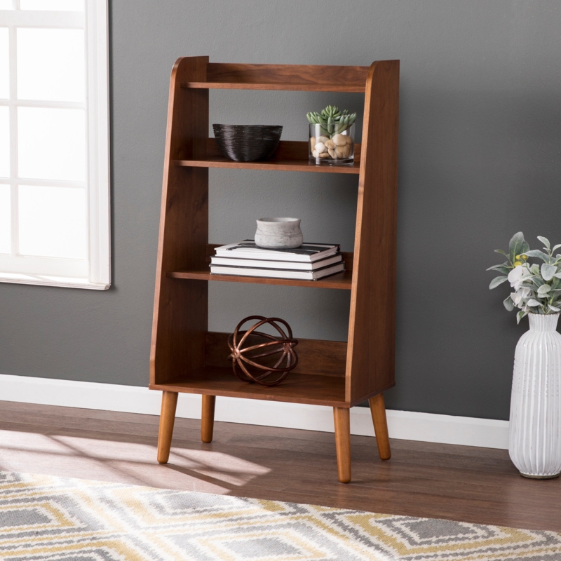 Mid-Century Slatted Bookshelf with Warm Oak Frame and Black Shelves