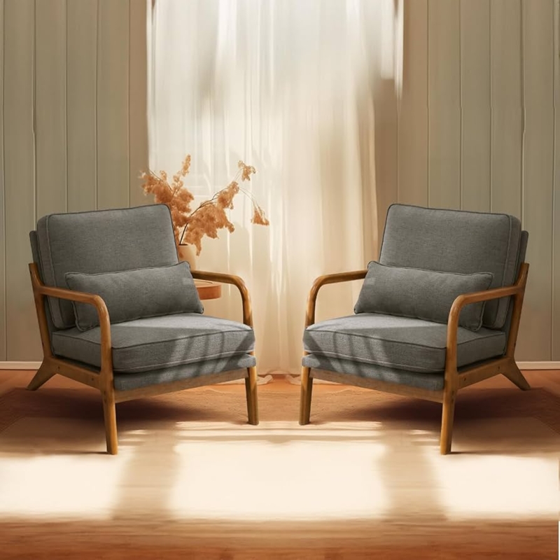 Mid-Century Wood Frame Accent Chair Set with Tapered Legs
