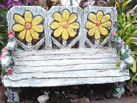 Miniature Bench Distressed Whitewash Yellow Daisy Backrest