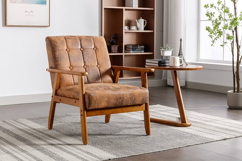 Minimalist Accent Chair, Curved Wood Arms, Tapered Legs, Gray Fabric
