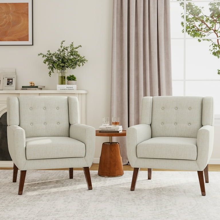Minimalist Accent Chairs with Wood Arms and Tufted Back.