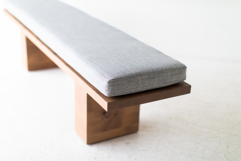 Minimalist Bench with Thick Padded Seat and Dark Wood Base