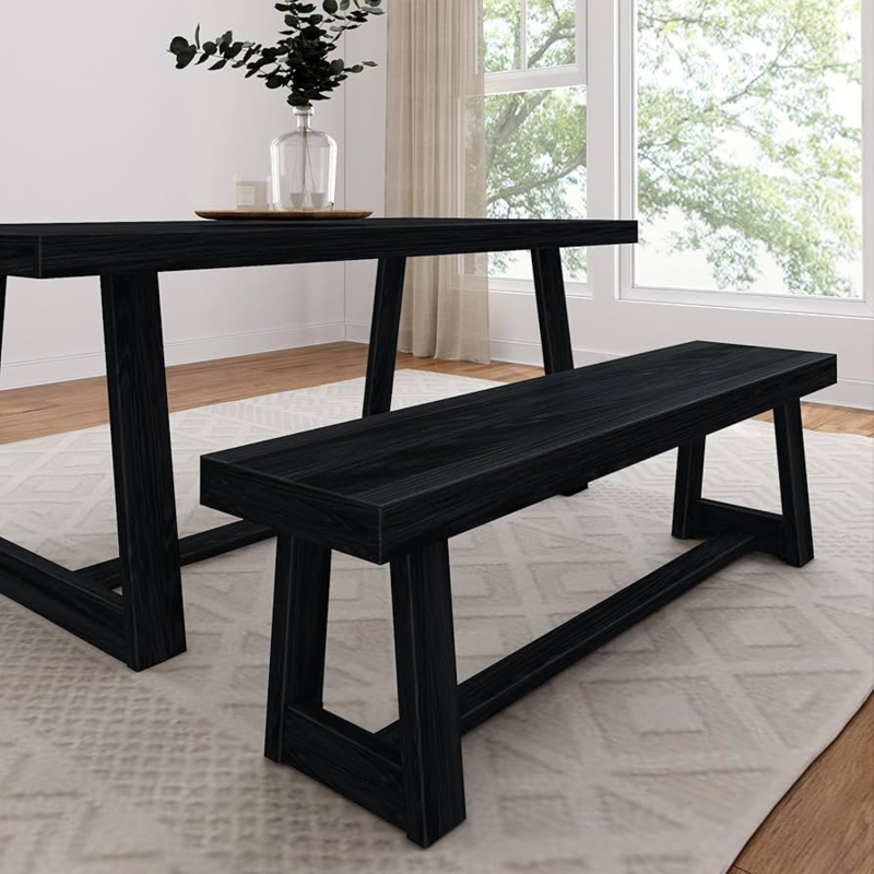 Minimalist Black Wood Dining Bench, Wirebrush Finish, A-Frame Legs
