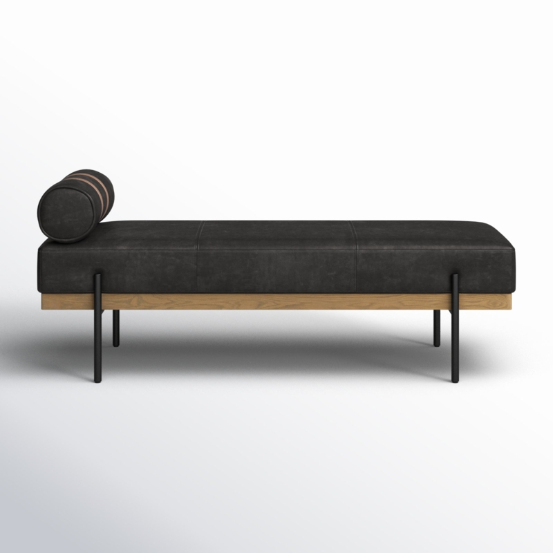 Minimalist Daybed Bench, Strapped Bolster Pillow, Charcoal Upholstery