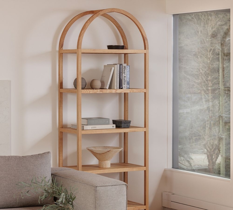 Minimalist Etagere Bookcase, Slim Black Frame & Light Wood Shelves