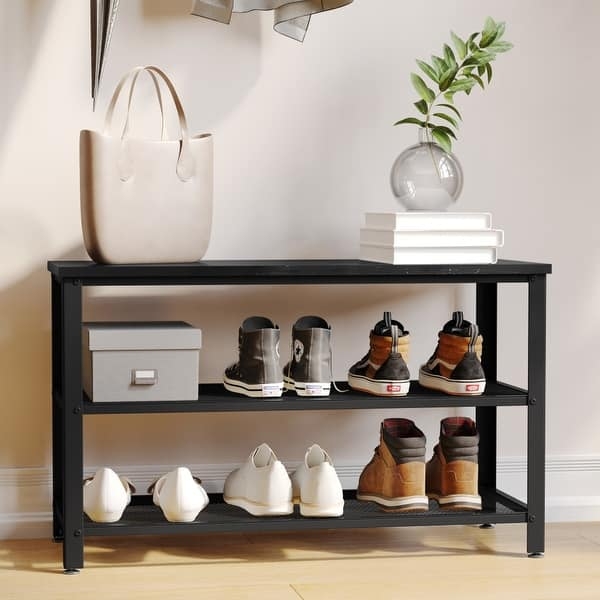Minimalist Metal Shoe Rack Bench with Three Tier Design and Wood Top