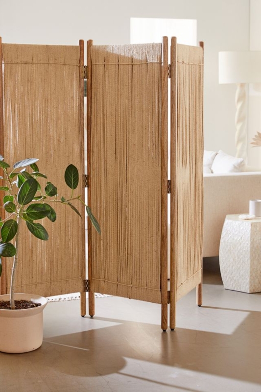 Minimalist Room Divider Vertical Rope Panels Wood Frame Coastal Style