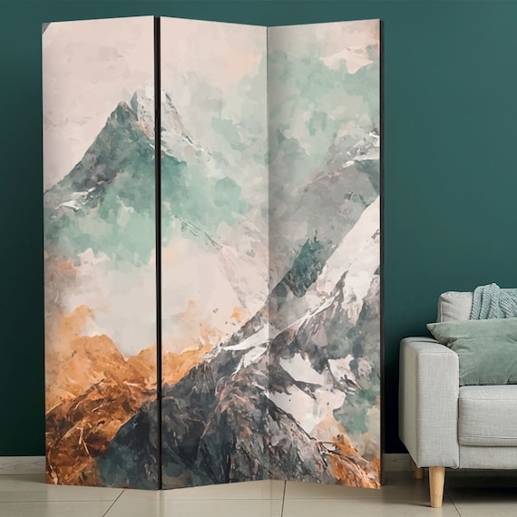Minimalist Room Divider with Abstract Watercolor Mountain Print in Teal