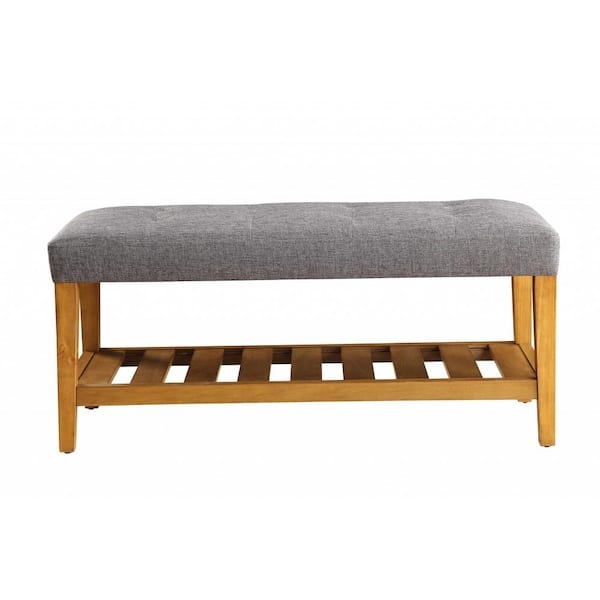 Minimalist Slatted Storage Bench Gray Upholstery Light Wood Frame