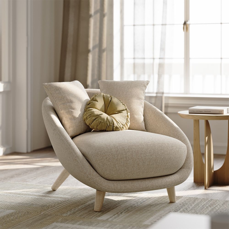 Minimalist Tripod Chair Round Silhouette Beige Upholstery Wood Legs