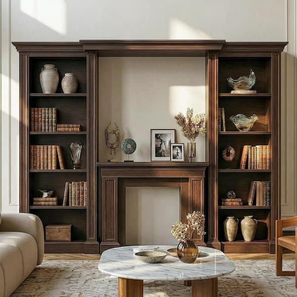 Minimalist Wood Toned Bookcase Slat Sides Open Back Four Tier