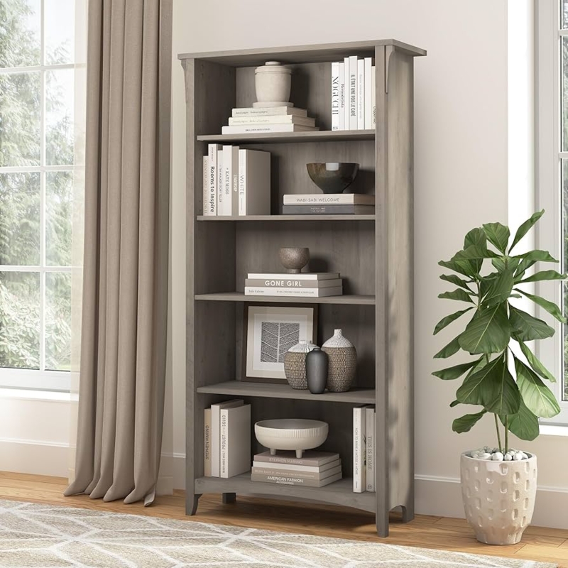 Mission Style Bookcase in Driftwood Grey Finish with Arched Base Rail