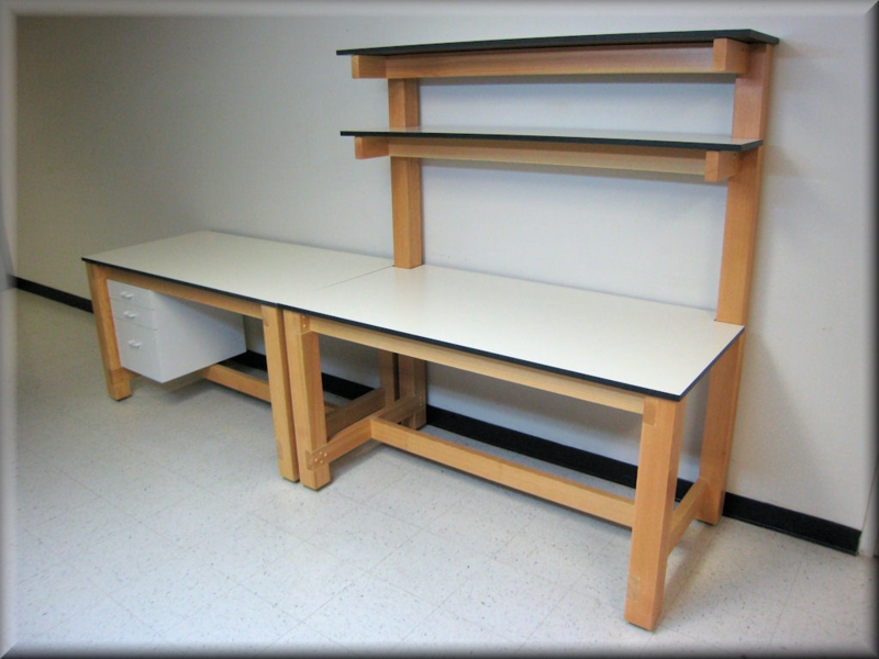 Mobile Tech Table with Shelves, Wood Frame, and Locking Casters