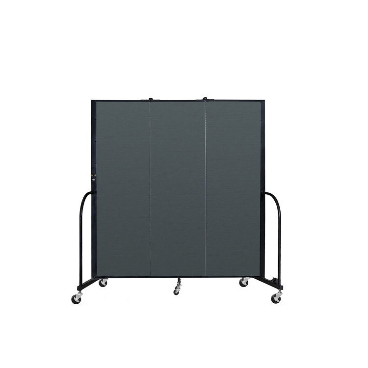Mobile Three Panel Room Divider Dark Blue Fabric Curved Handles