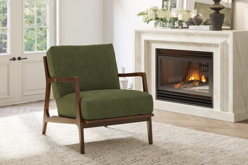 Modern Accent Chair with Angular Wood Frame and Thick Cream Cushions
