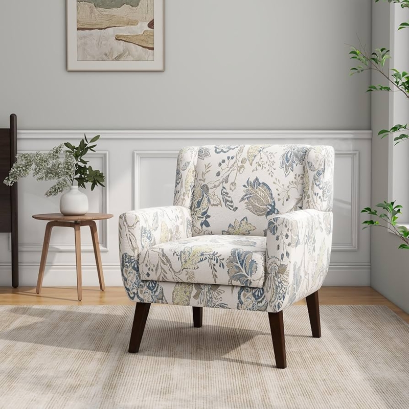 Modern Accent Chair with Botanical Leaf Print and Tapered Legs