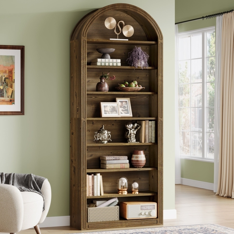 Modern Arched Black Bookshelf 8 Tier Tall Industrial Display