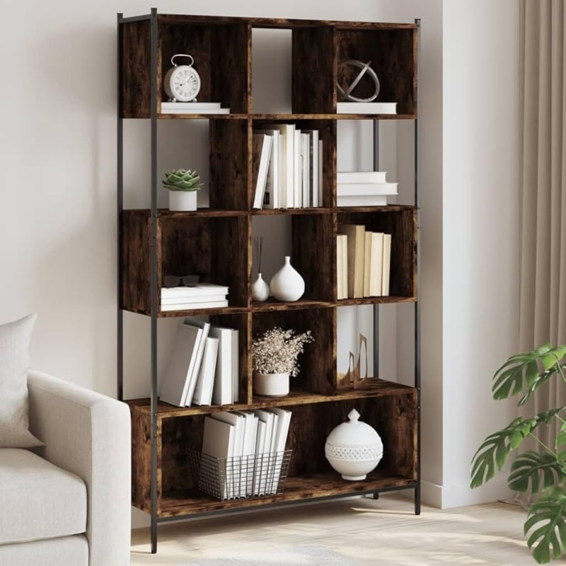 Modern Asymmetrical Bookcase in Smoked Oak Finish with Open Shelves