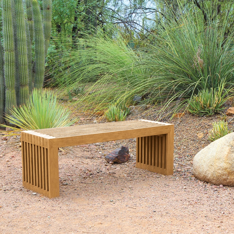 Modern Backless Teak Bench Chunky Legs Slatted Wood