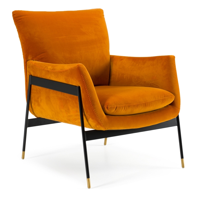 Modern Barrel Accent Chair, Vibrant Orange Fabric, Tapered Black Metal Legs