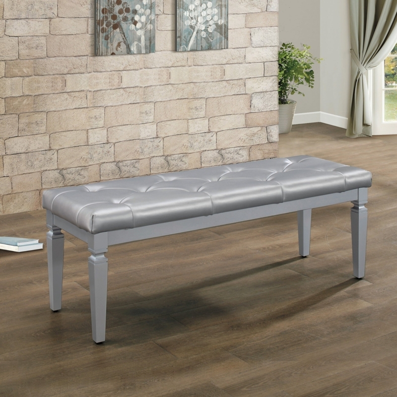 Modern Bench Metallic Silver Faux Leather Button Tufted Tapered Legs