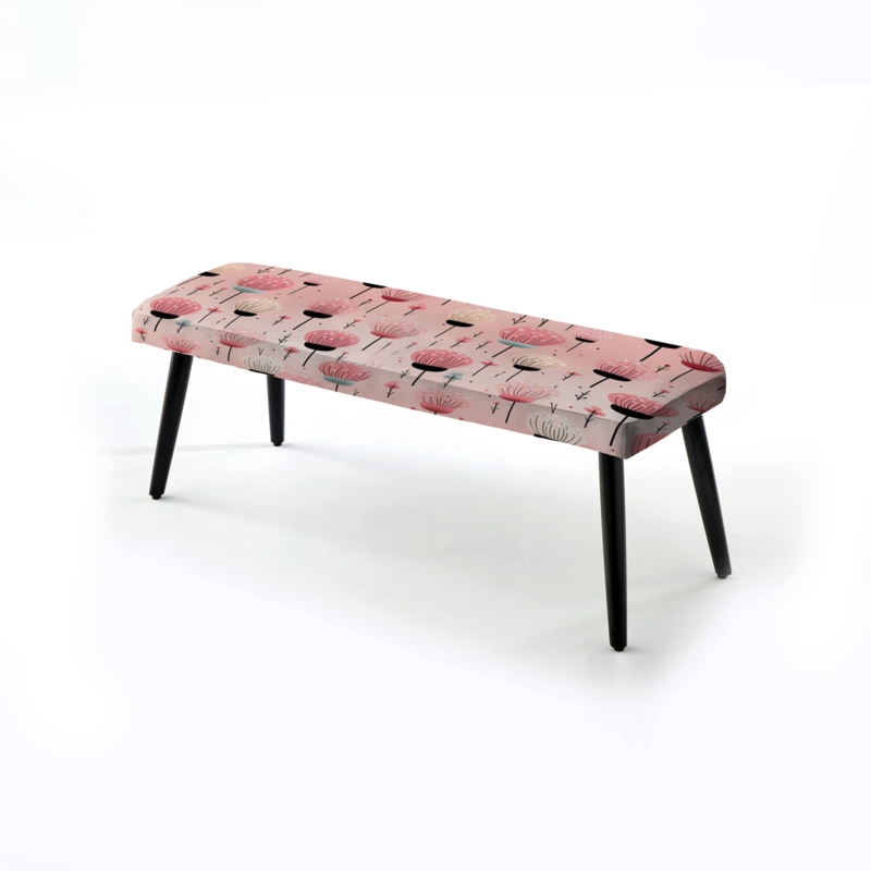 Modern Bench Pastel Pink Botanical Print Black Tapered Legs