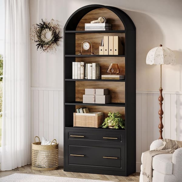 Modern Black Bookcase Styling with Gold Hardware and Bottom Cabinet